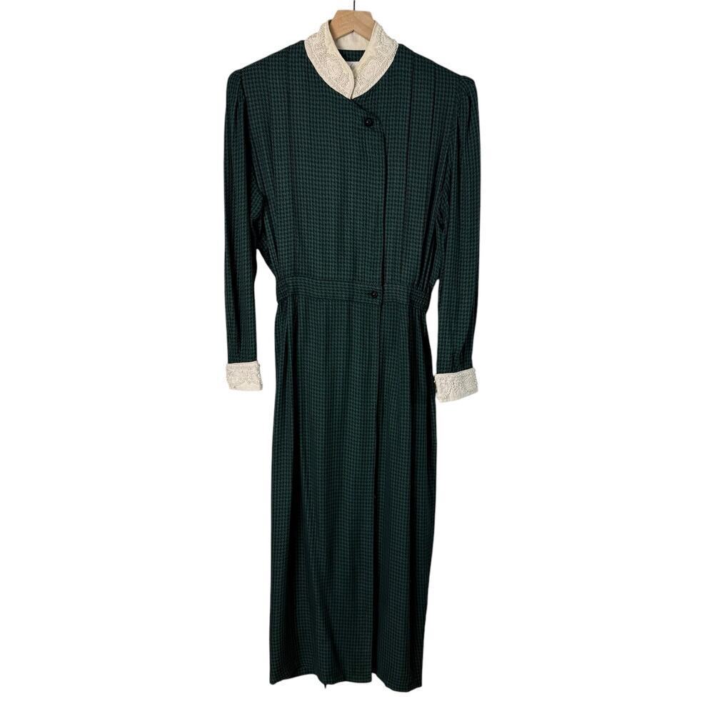 Vintage 1960s Sarah Elizabeth Embellished Shirt Dress Houndstooth Green Black 12
